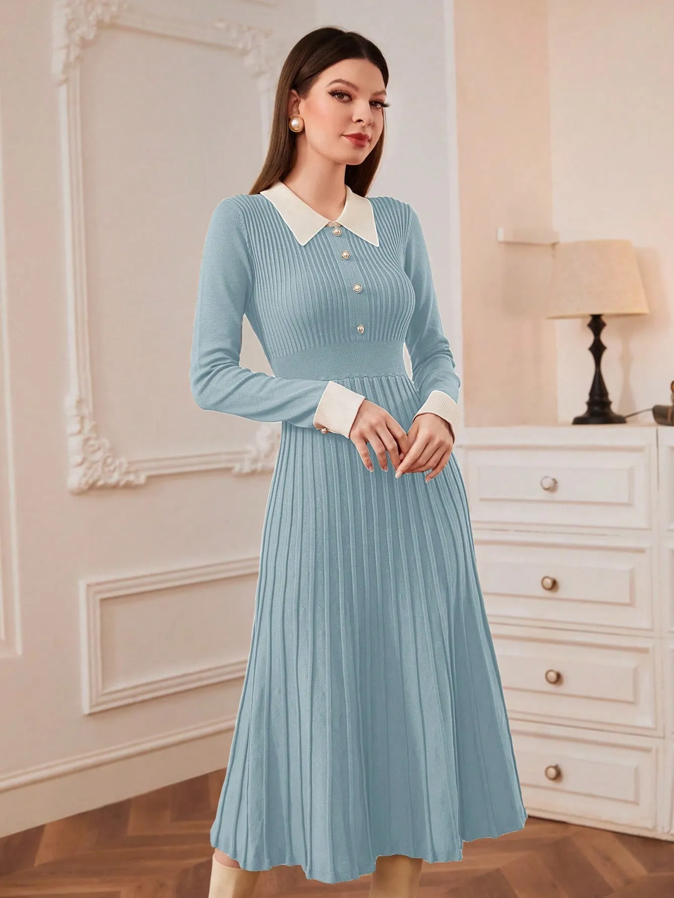 Modely Contrast Collar Pleated Sweater Dress
