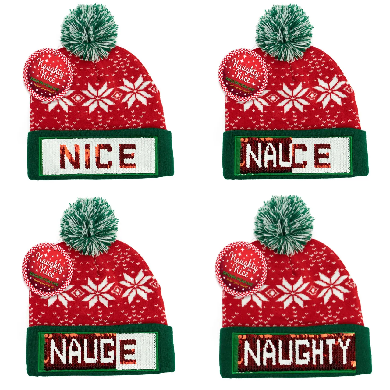 Naughty Or Nice Sequin Pom Hat - Adult