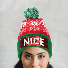 Naughty Or Nice Sequin Pom Hat - Adult