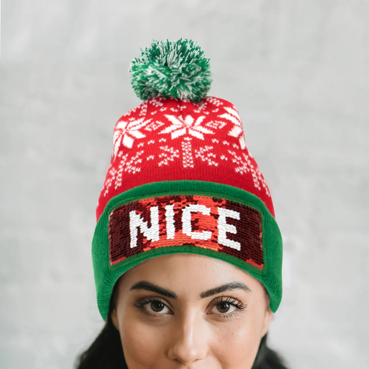 Naughty Or Nice Sequin Pom Hat - Adult
