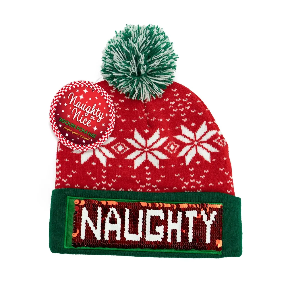 Naughty Or Nice Sequin Pom Hat - Adult