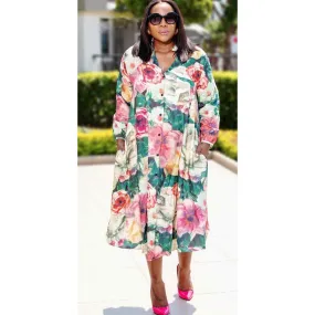 Plus Floral Print Satin Midi Shirt Dress