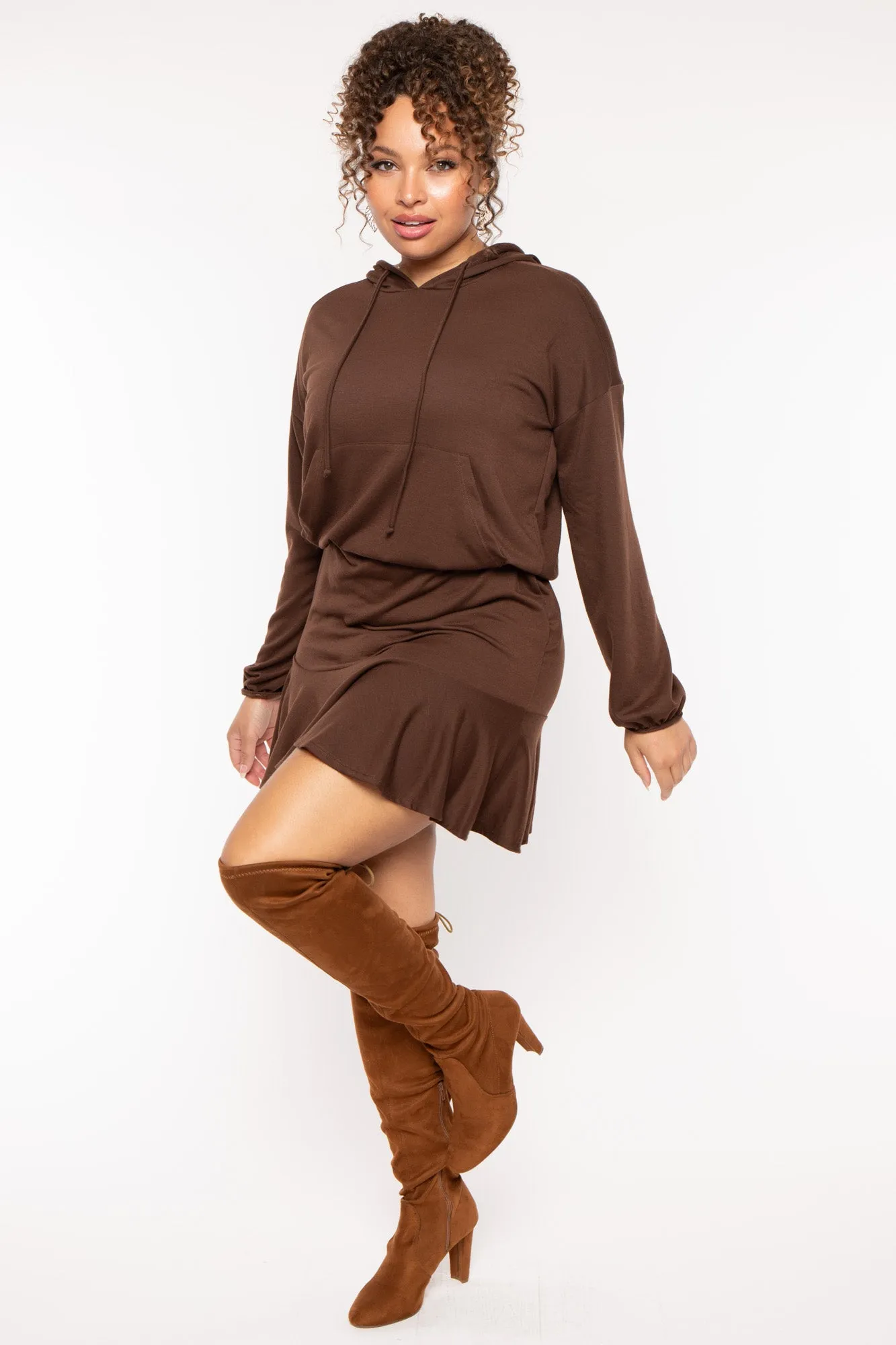 Plus Size Tracie Hoodie Mini Dress - Brown