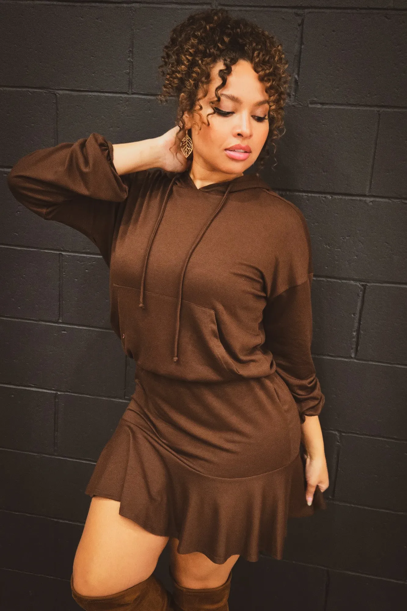 Plus Size Tracie Hoodie Mini Dress - Brown