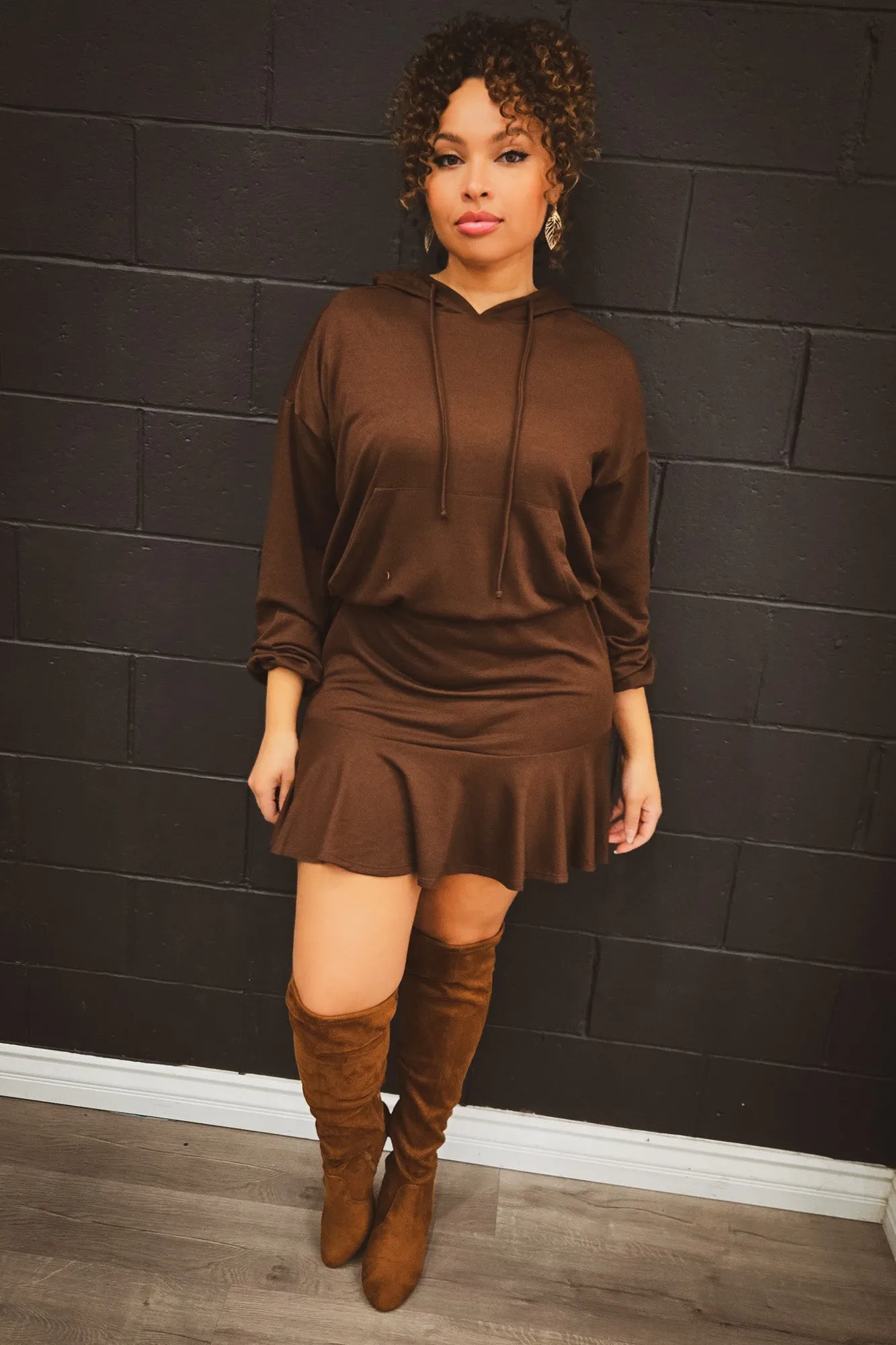 Plus Size Tracie Hoodie Mini Dress - Brown