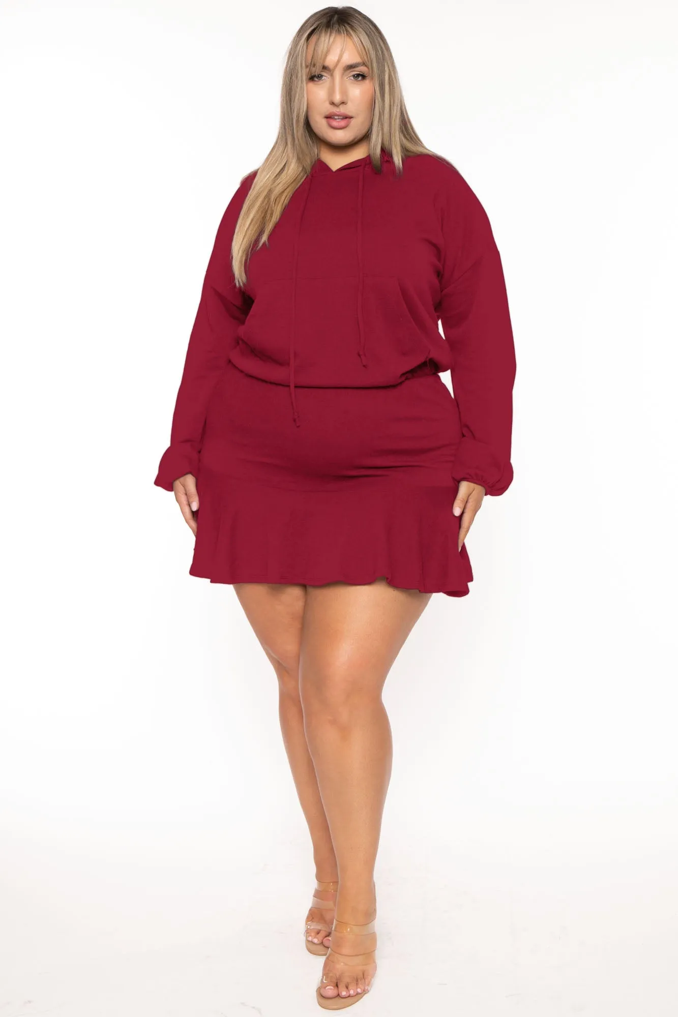 Plus Size Tracie Hoodie  Mini  Dress - Burgundy
