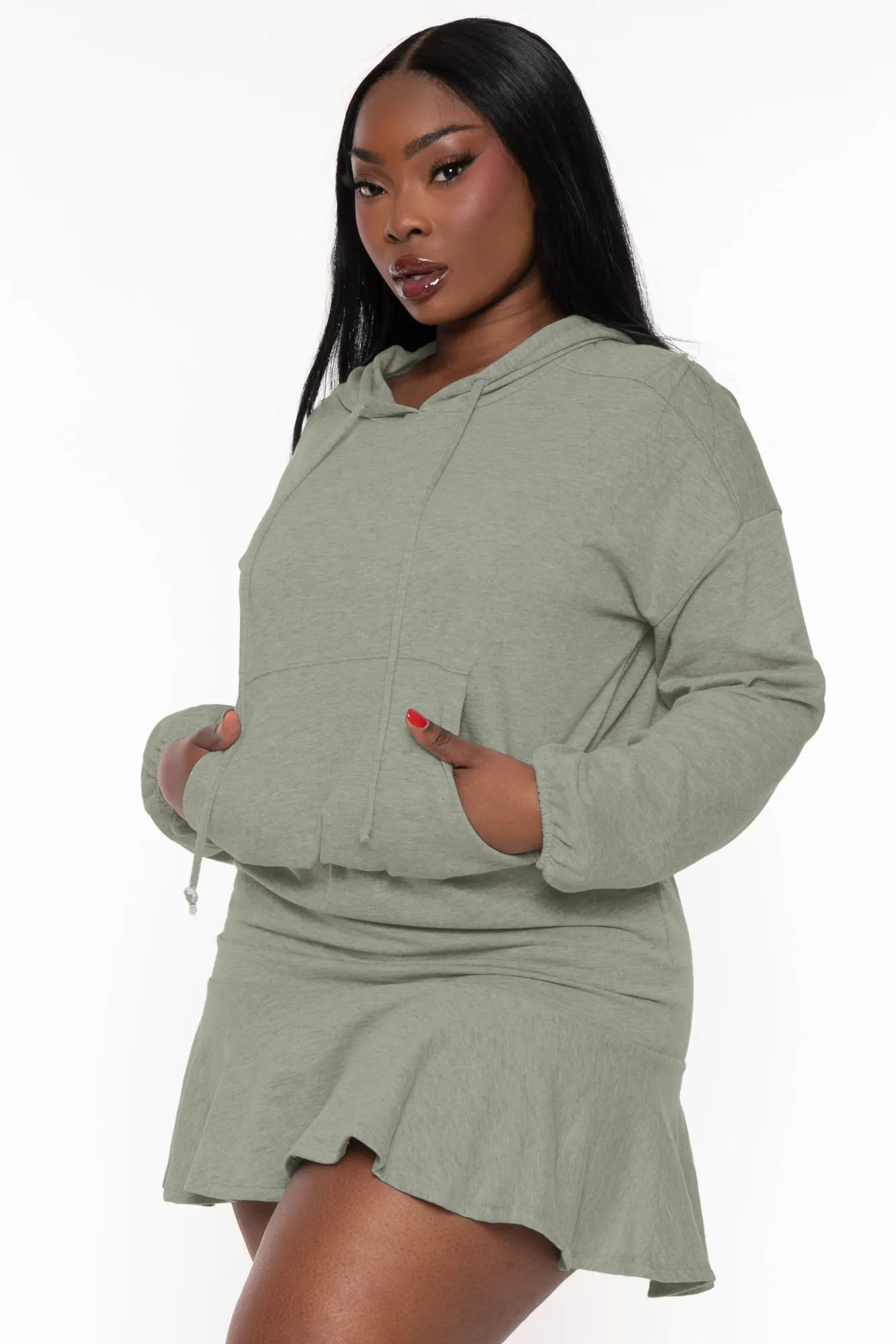 Plus Size Tracie Hoodie  Mini  Dress - Olive