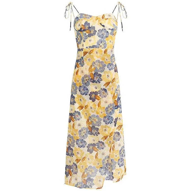 Romantic Vintage Oil Painting Floral Print Lace Up Split Slip Dress