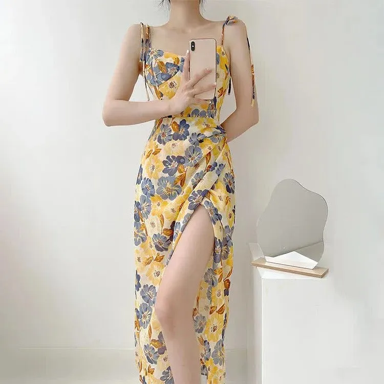 Romantic Vintage Oil Painting Floral Print Lace Up Split Slip Dress