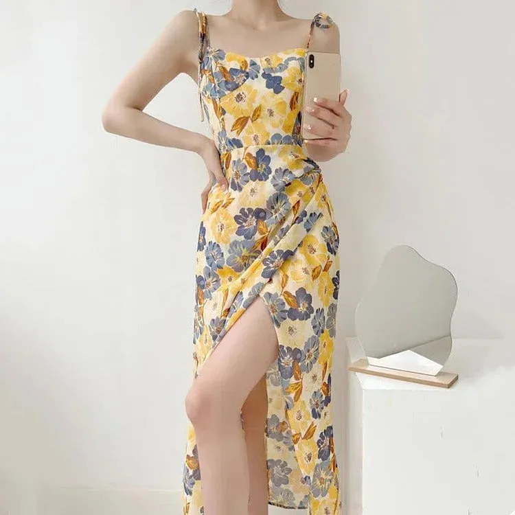 Romantic Vintage Oil Painting Floral Print Lace Up Split Slip Dress
