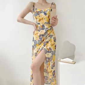Romantic Vintage Oil Painting Floral Print Lace Up Split Slip Dress