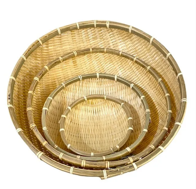 Round Bamboo Bowl Basket Serving Dishware Natural Wood - Set of 4