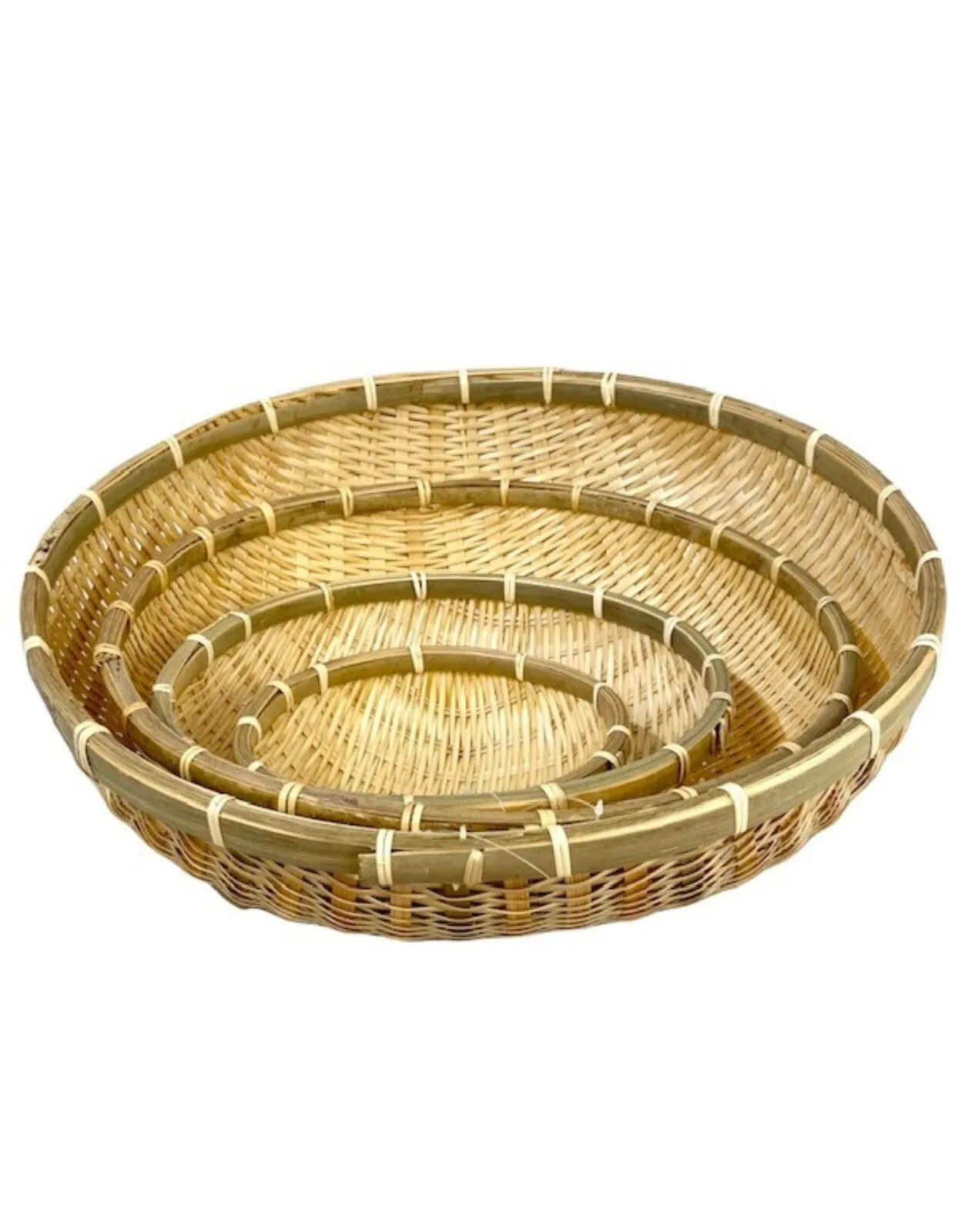 Round Bamboo Bowl Basket Serving Dishware Natural Wood - Set of 4