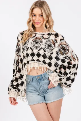 Sewn Seen CROPPED LENGTH Crochet Poncho Top in Black/White