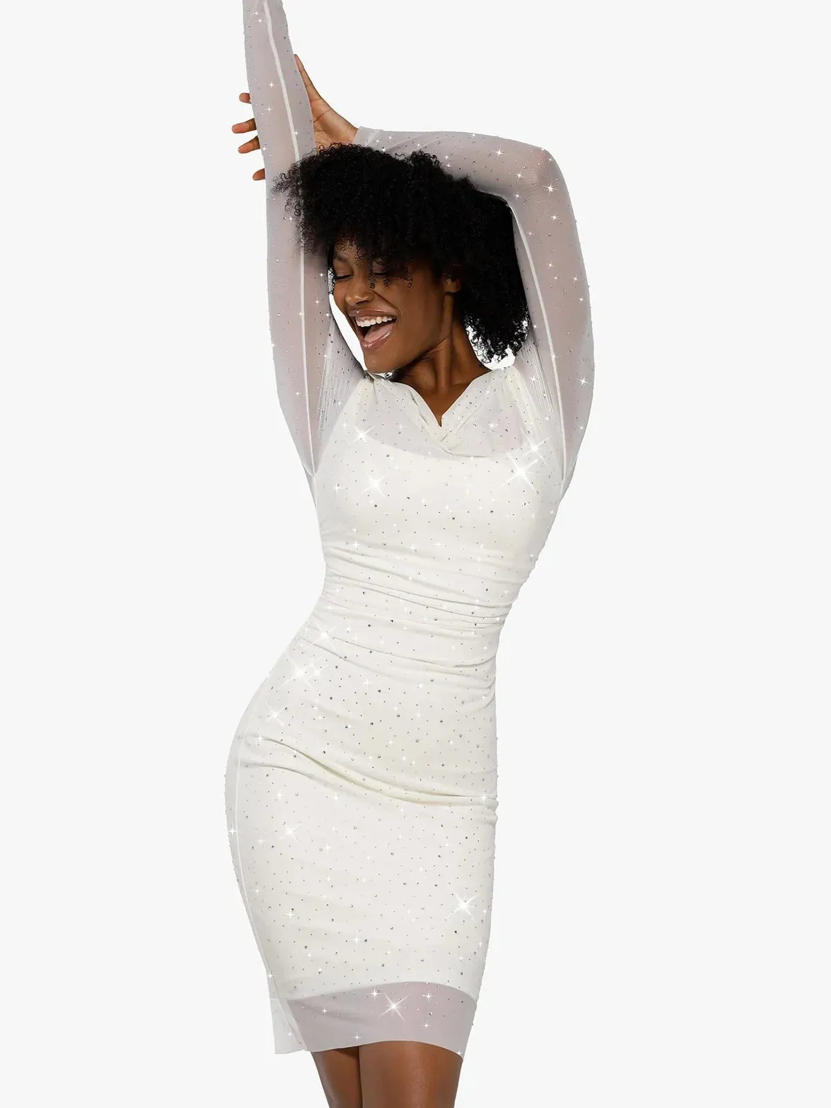Shapewear Heat-Set Crystal Mesh Long Sleeve Slim Mini Dress For Insiders