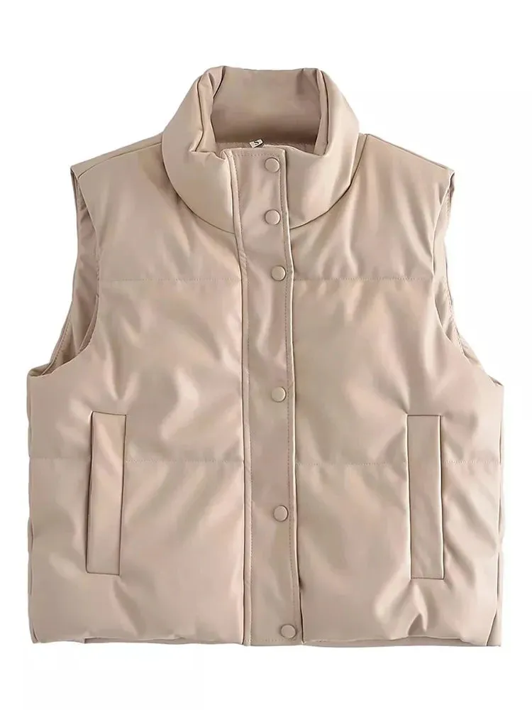Sleek Stand-Collar Leather Vest - Black