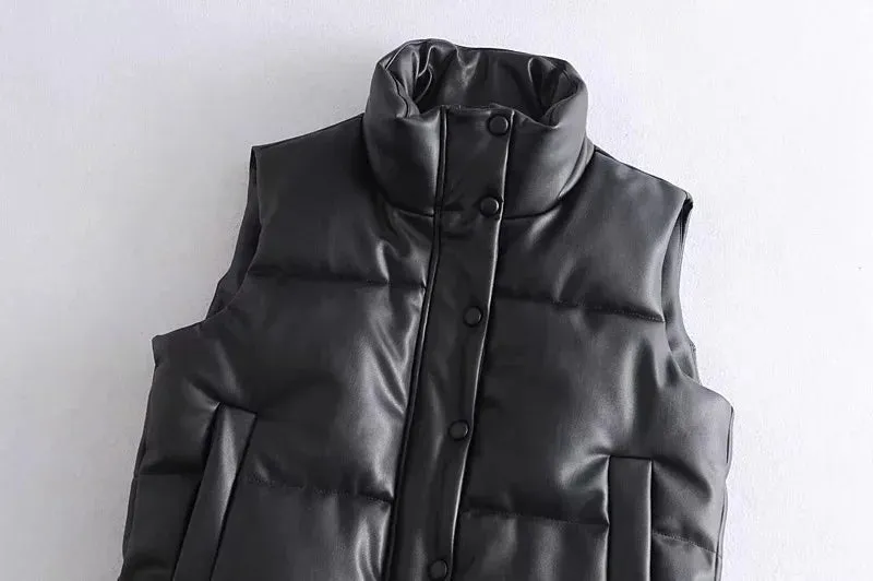 Sleek Stand-Collar Leather Vest - Black