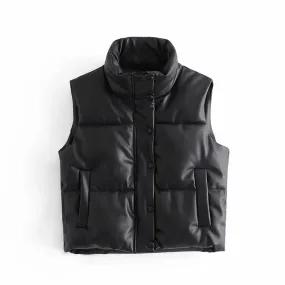 Sleek Stand-Collar Leather Vest - Black