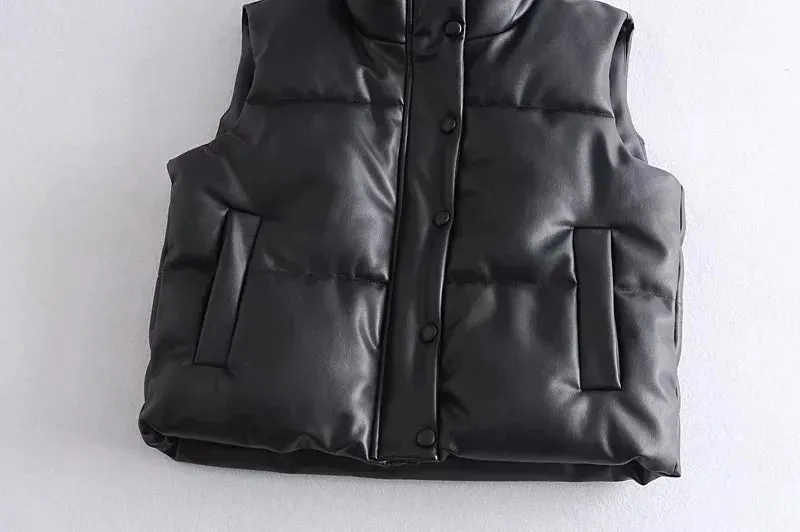 Sleek Stand-Collar Leather Vest - Black