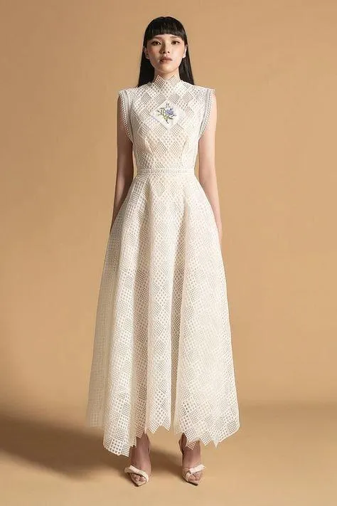 Sleeveless high neck mesh panel embroidery maxi dress- Mai