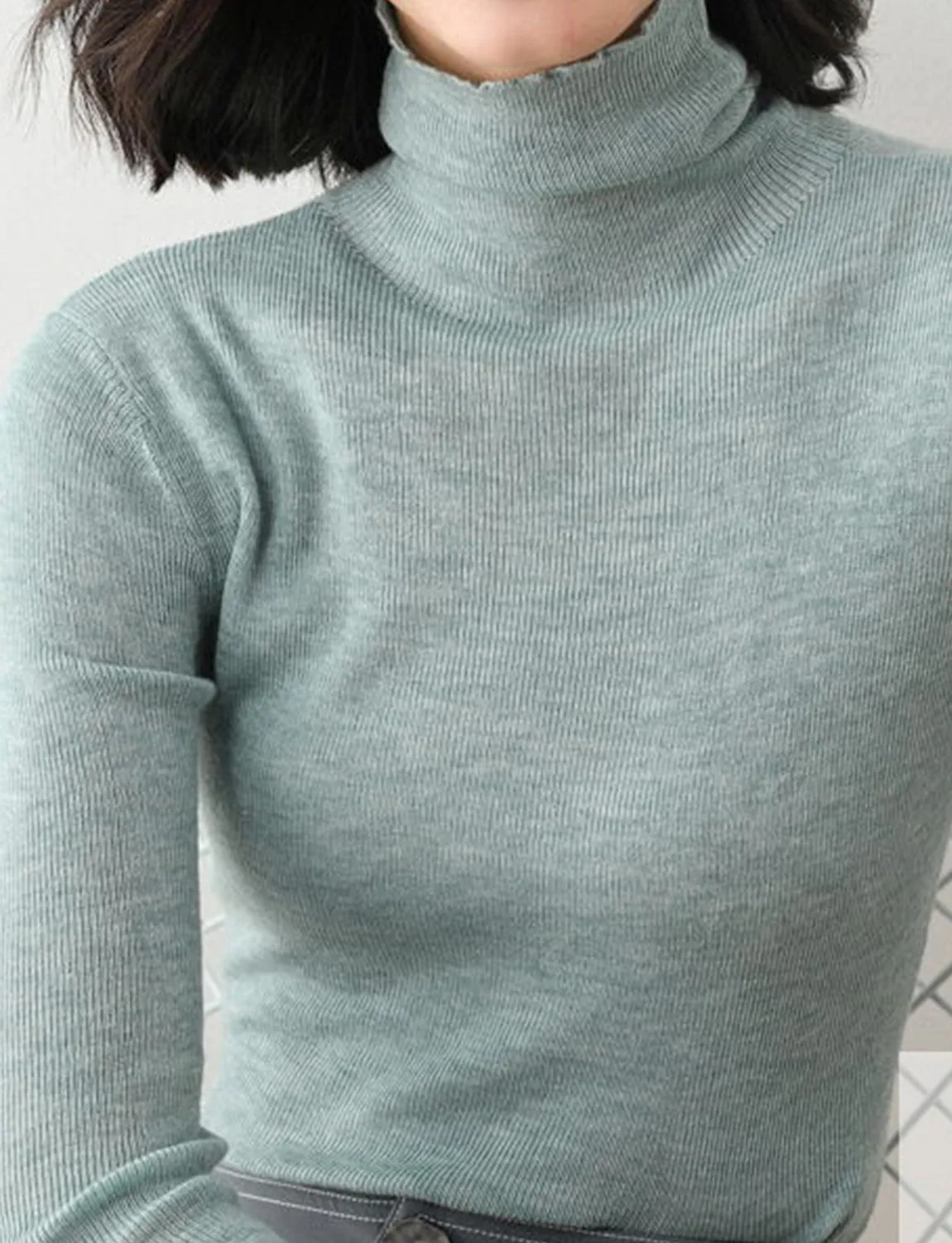 Solid Color Tall neck pullover slim bottom -3