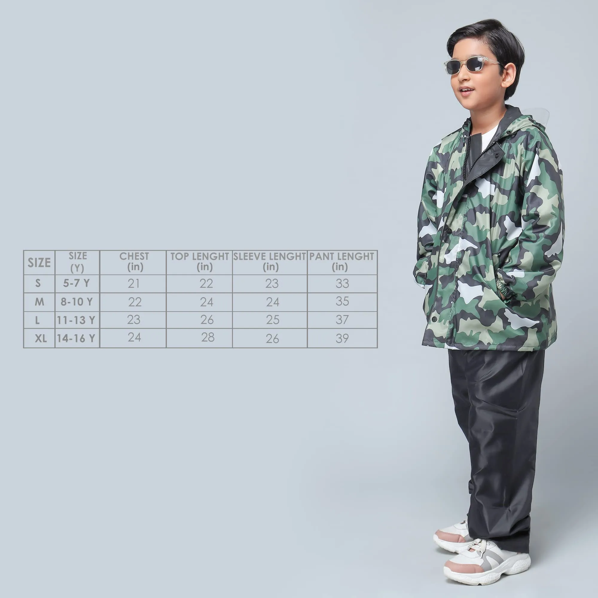 STRAUSS THE CLOWNFISH Comrad Series Kid's Waterproof Nylon Double Coating Reversible Standard Length Raincoat With Hood & Reflector Logo At Back, Top & Bottom Printed Pouch, 11-13 Years(Green Camo)