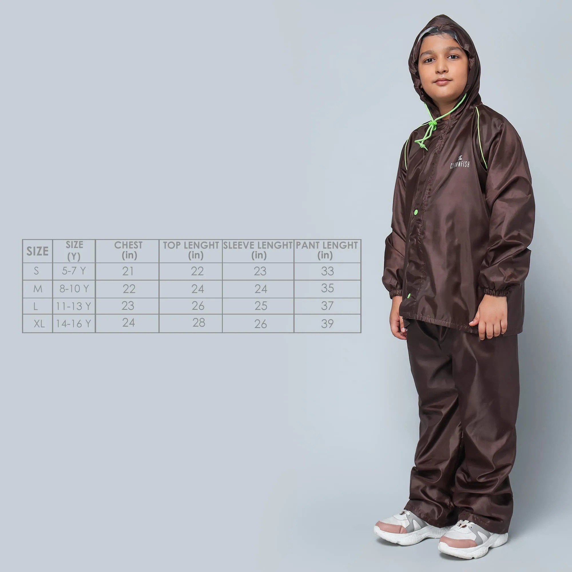 STRAUSS THE CLOWNFISH Duke Series Kid's Waterproof Polyester Double Coating Reversible Raincoat with Hood and Reflector Logo at Back. Set of Top and Bottom. Printed Pouch Age-8-10 years (Brown)