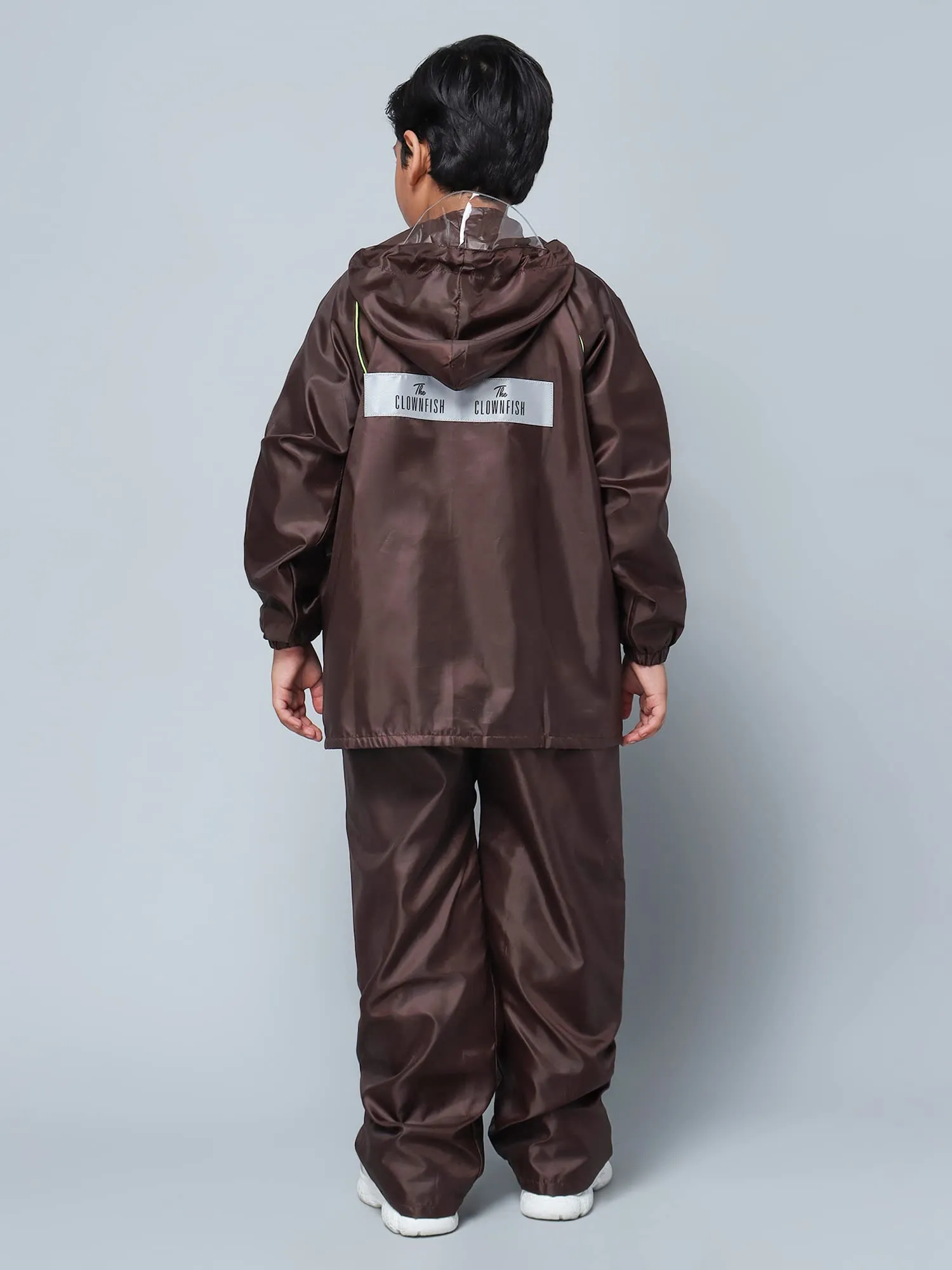 STRAUSS THE CLOWNFISH Duke Series Kid's Waterproof Polyester Double Coating Reversible Raincoat with Hood and Reflector Logo at Back. Set of Top and Bottom. Printed Pouch Age-8-10 years (Brown)