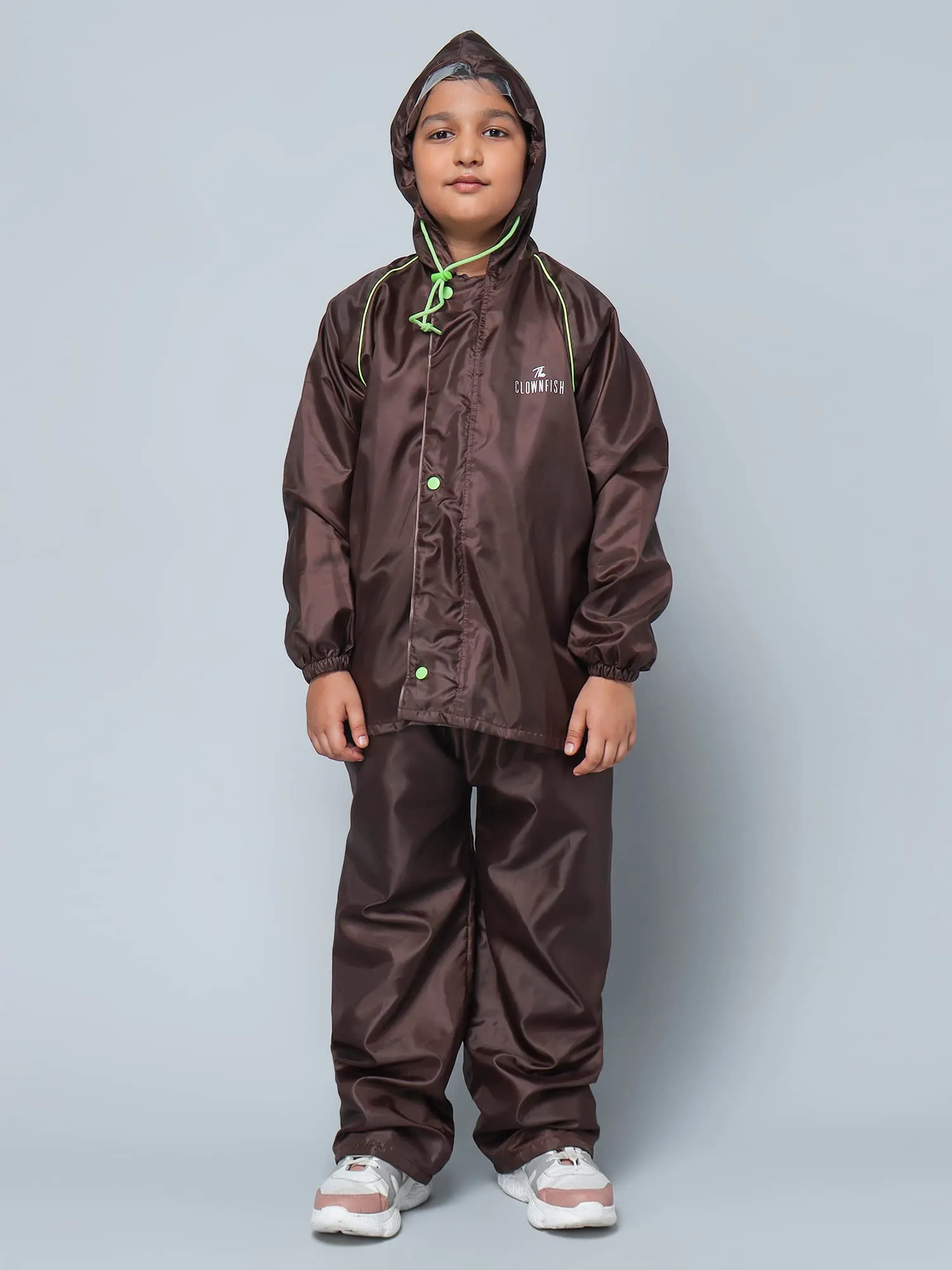 STRAUSS THE CLOWNFISH Duke Series Kid's Waterproof Polyester Double Coating Reversible Raincoat with Hood and Reflector Logo at Back. Set of Top and Bottom. Printed Pouch Age-8-10 years (Brown)
