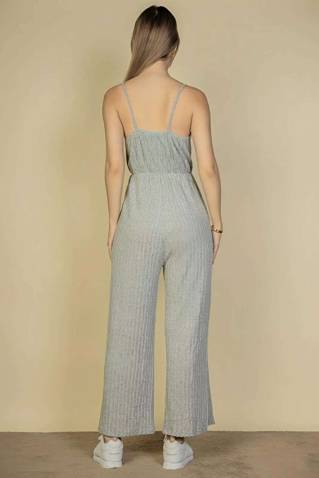 Sweater-knit Fuzzy Frenchy Tie Front Cami Jumpsuit