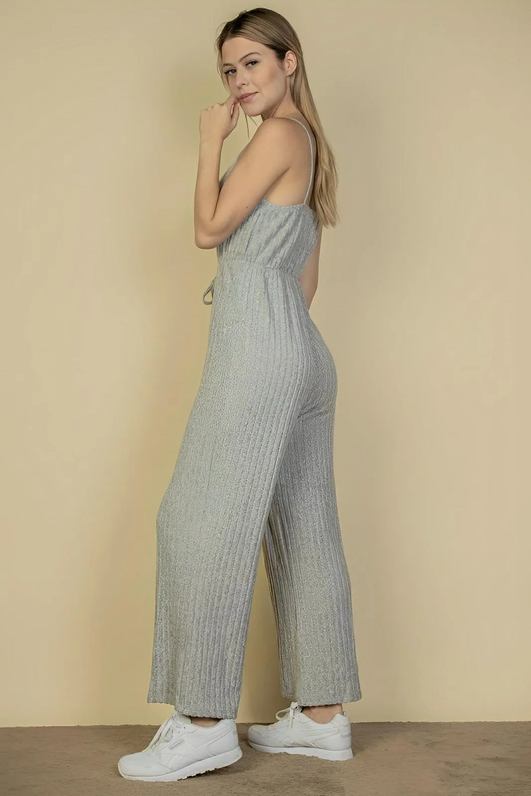 Sweater-knit Fuzzy Frenchy Tie Front Cami Jumpsuit
