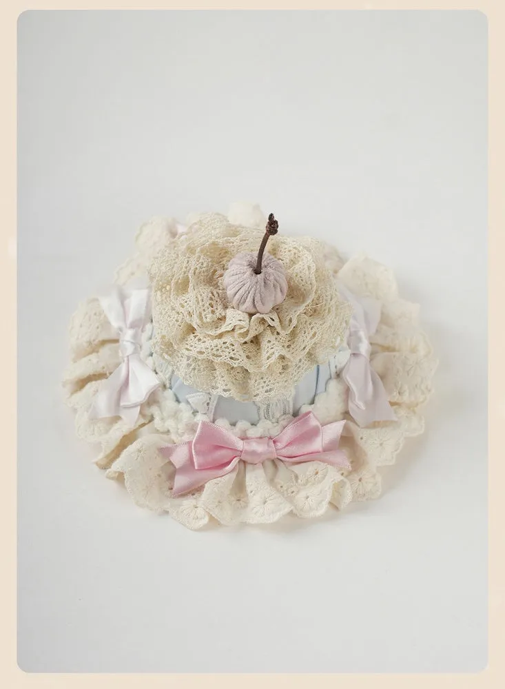 Sweet Lolita Blue and Pink Bow Cherry Cake Layered Lace Trim Hat