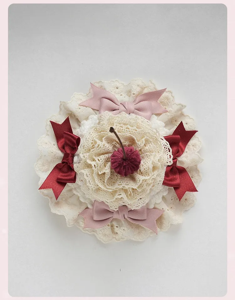 Sweet Lolita Pink Bows Cherry Cake Layered Lace Trim Mini Hat