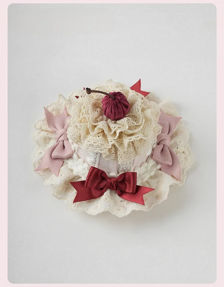 Sweet Lolita Pink Bows Cherry Cake Layered Lace Trim Mini Hat
