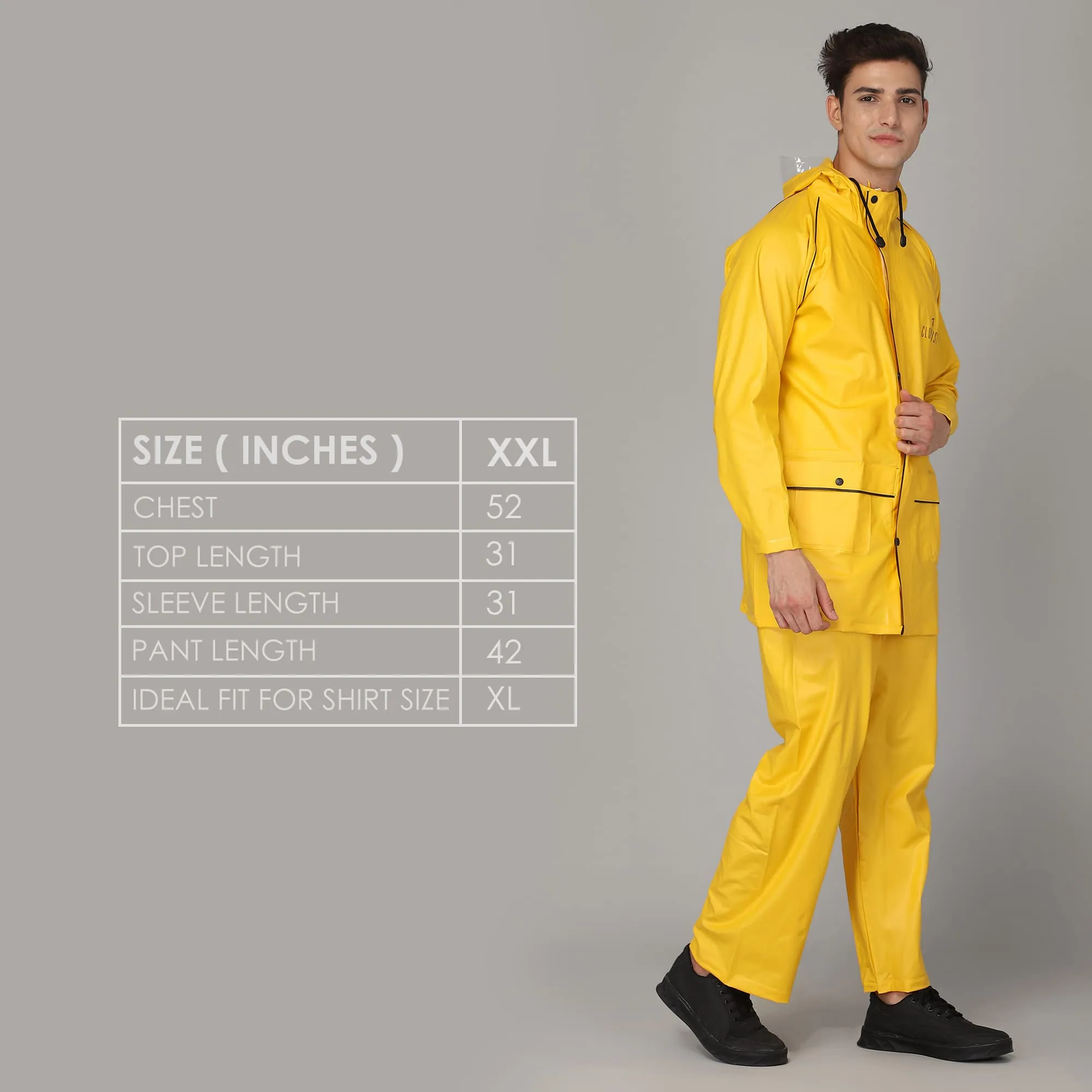 THE CLOWNFISH Roberto Series PVC Rain Coat for Men Waterproof for Bike with Hood Raincoat for Men. Set of Top and Bottom Packed in a matching Storage Bag (Yellow with black piping, XXX-Large)
