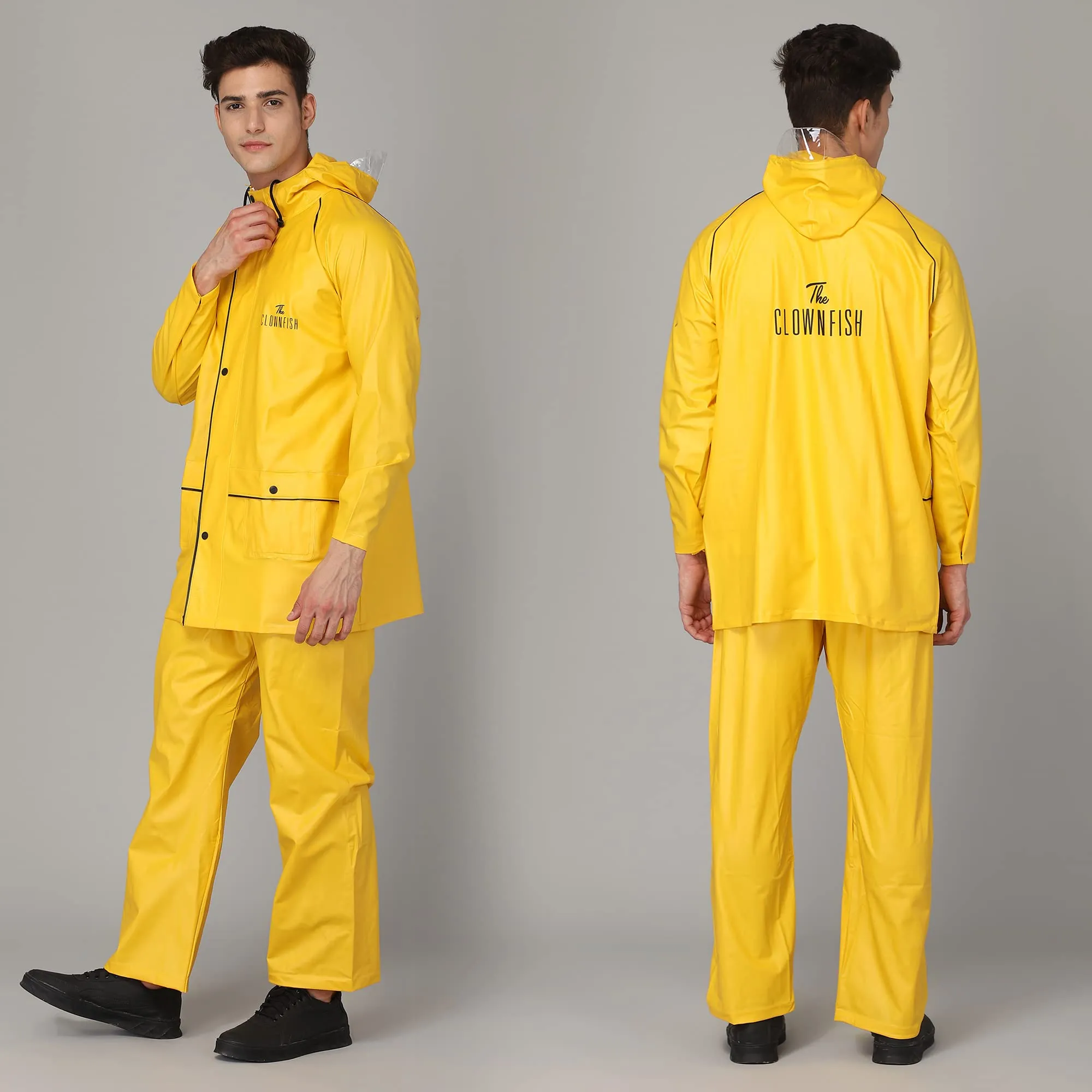 THE CLOWNFISH Roberto Series PVC Rain Coat for Men Waterproof for Bike with Hood Raincoat for Men. Set of Top and Bottom Packed in a matching Storage Bag (Yellow with black piping, XXX-Large)