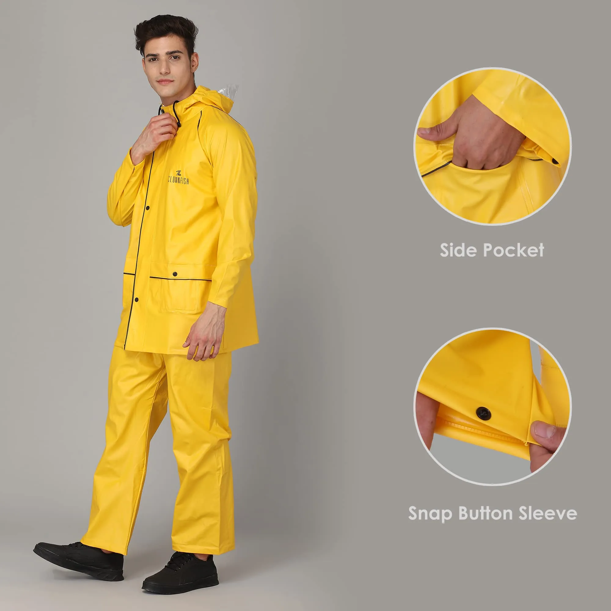 THE CLOWNFISH Roberto Series PVC Rain Coat for Men Waterproof for Bike with Hood Raincoat for Men. Set of Top and Bottom Packed in a matching Storage Bag (Yellow with black piping, XXX-Large)