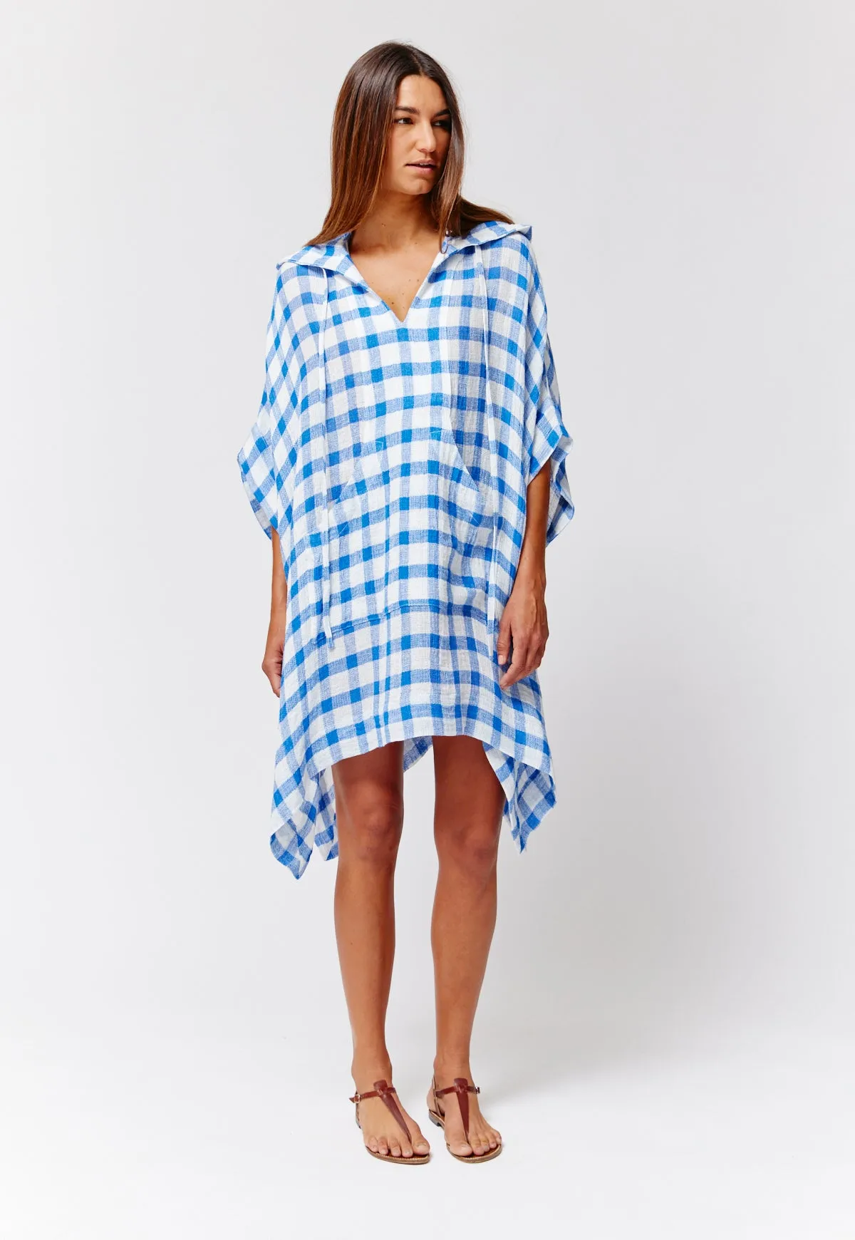 THE HOODED PONCHO in FRENCH BLUE &  WHITE GINGHAM CHIOS GAUZE