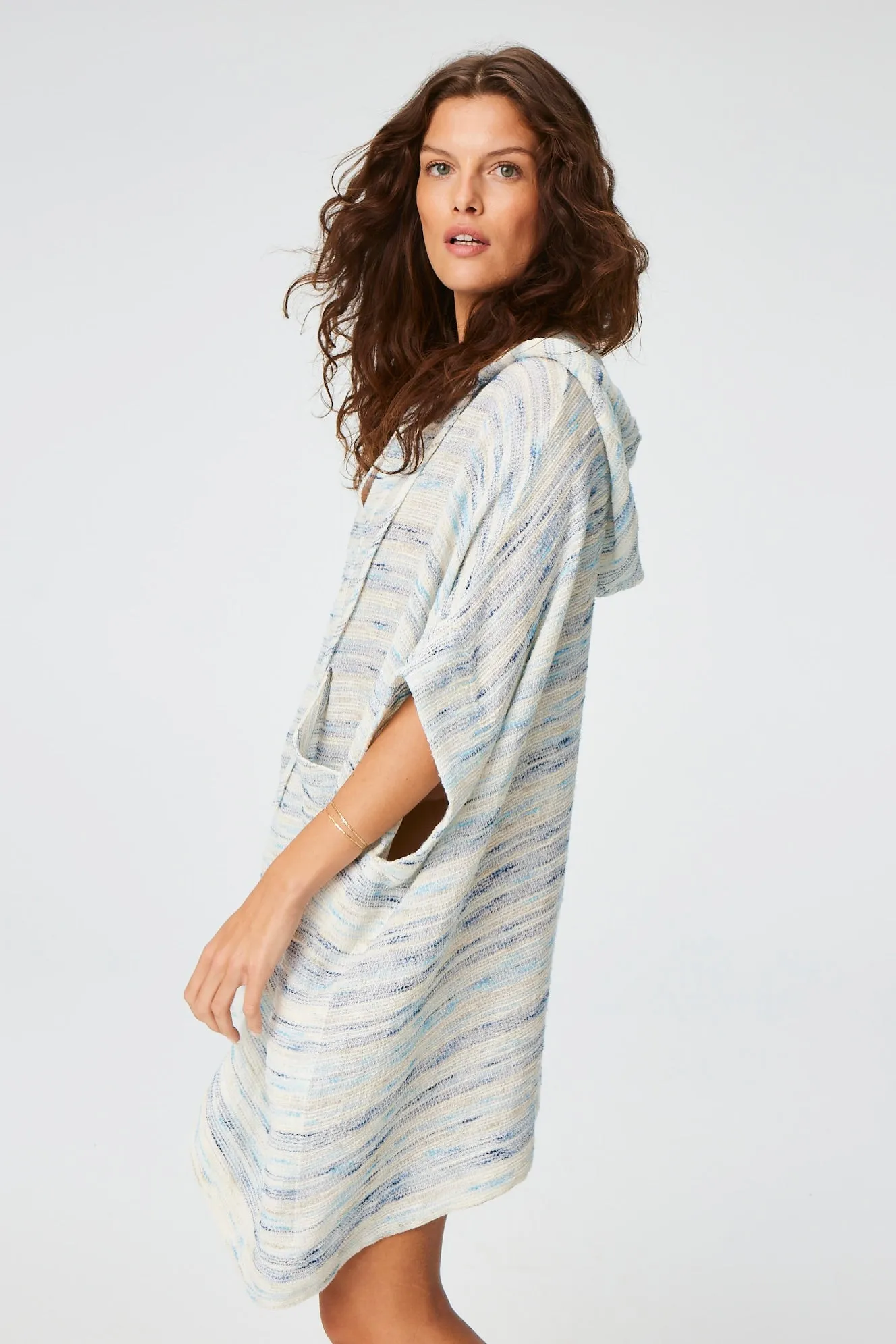 THE HOODED PONCHO in SEA STRIPED GAUZE