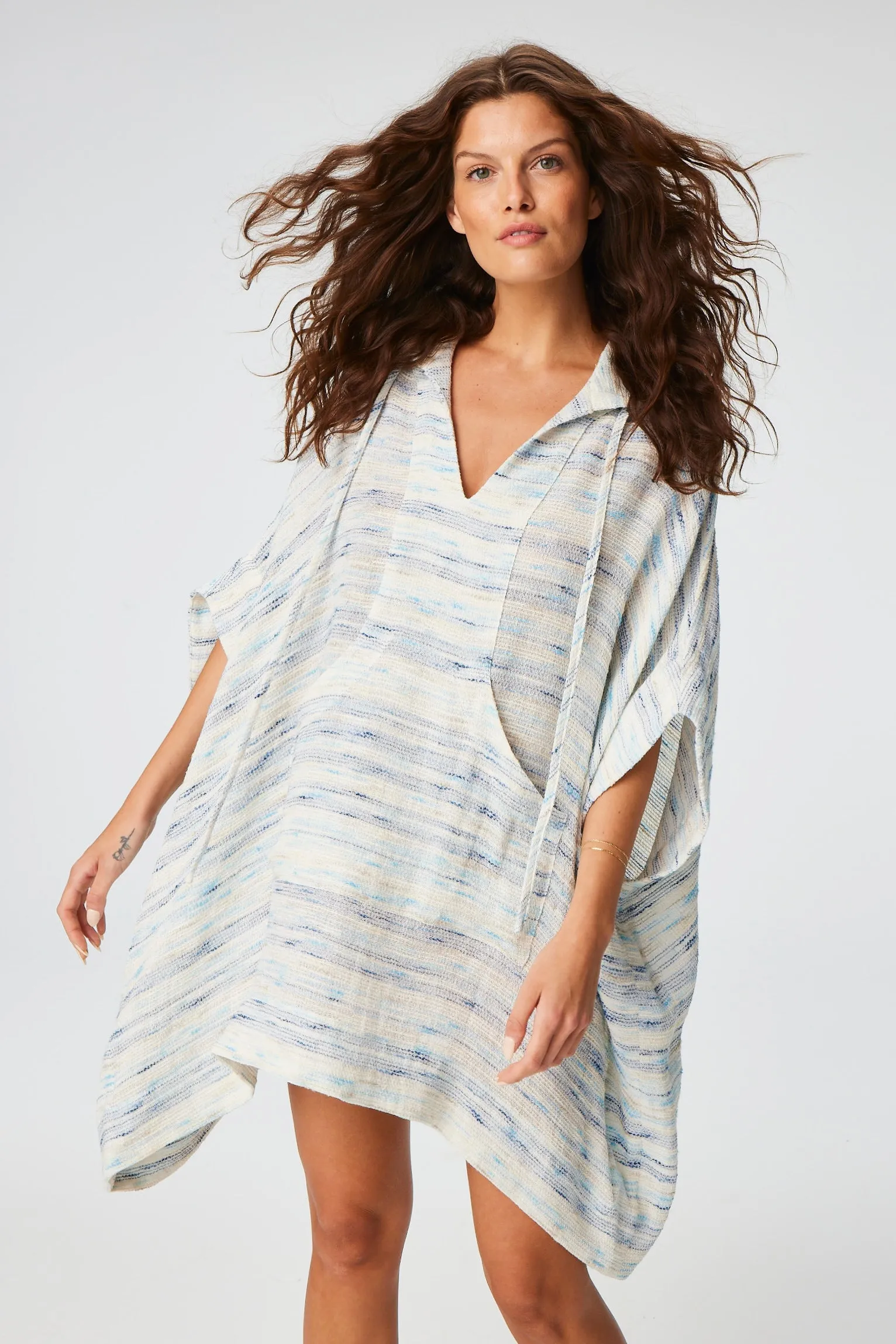 THE HOODED PONCHO in SEA STRIPED GAUZE