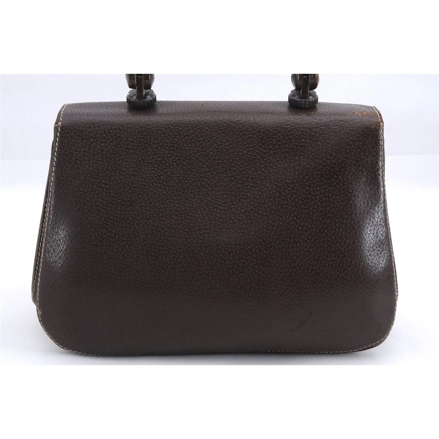 Vintage Gucci boarskin leather top handle Kelly style purse with bamboo look accents and carved wood handle