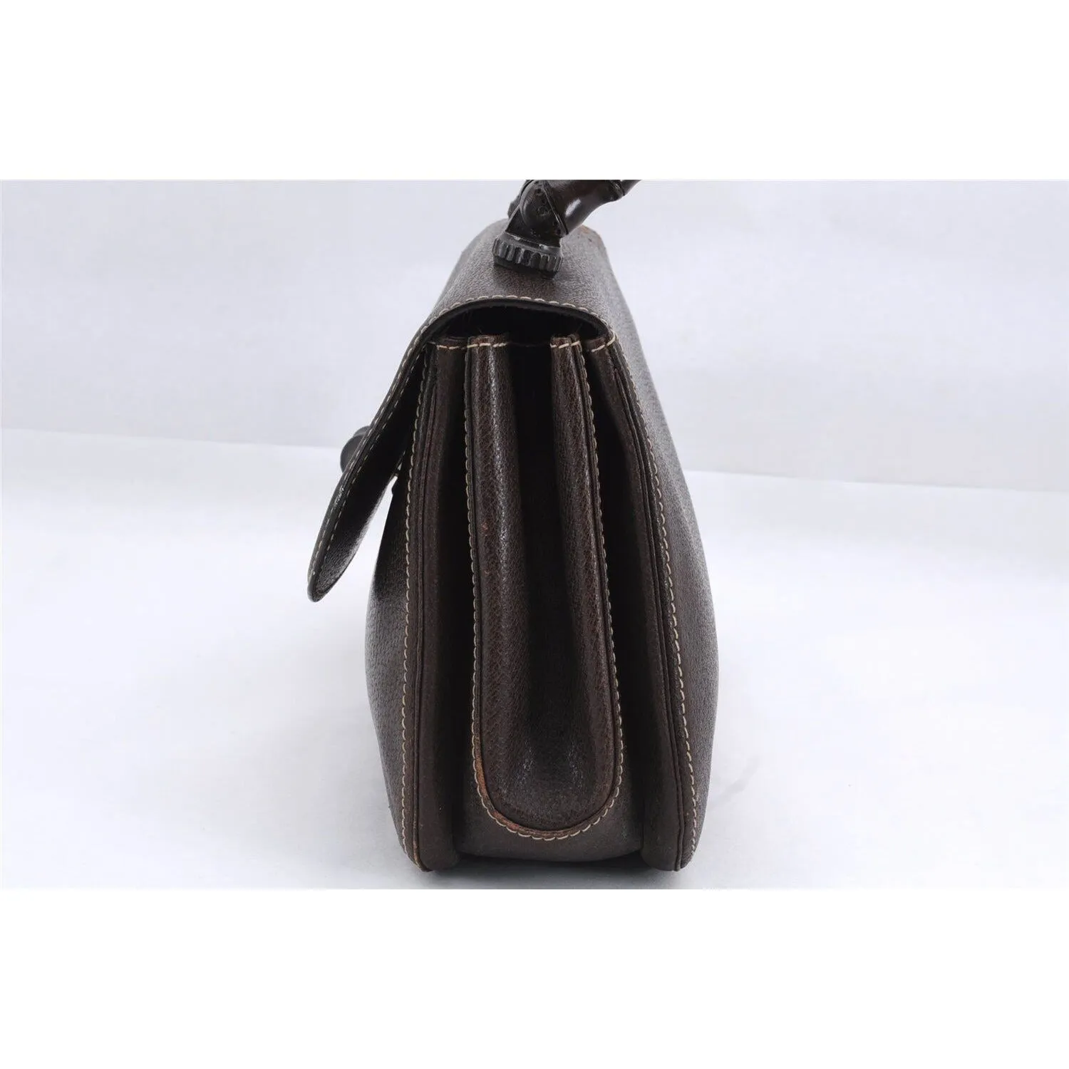 Vintage Gucci boarskin leather top handle Kelly style purse with bamboo look accents and carved wood handle