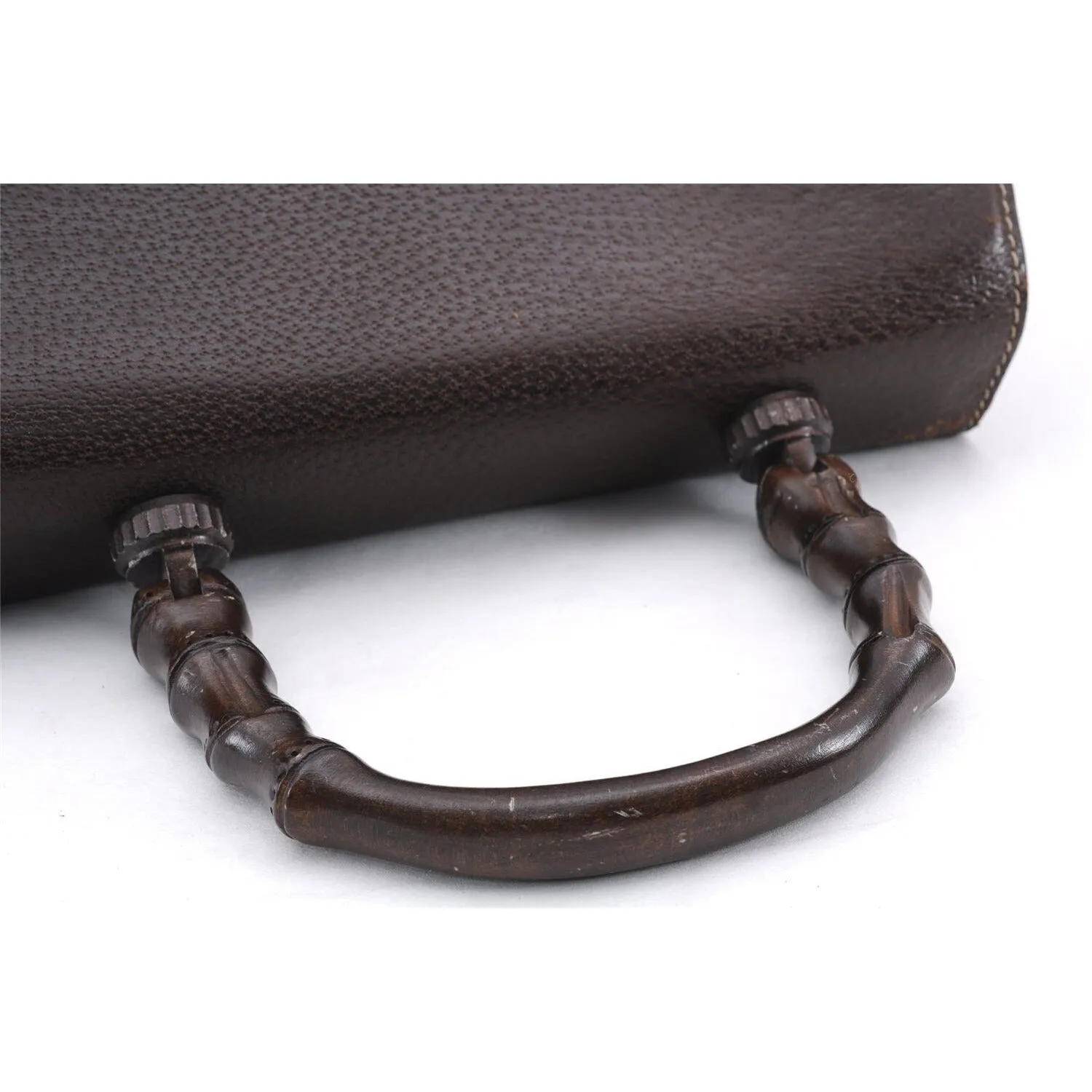 Vintage Gucci boarskin leather top handle Kelly style purse with bamboo look accents and carved wood handle