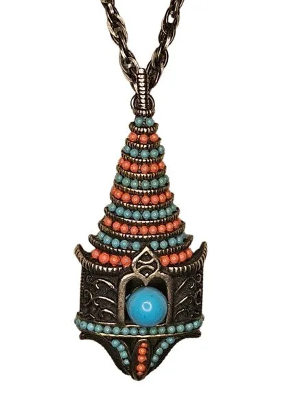 VINTGE PARKLANE PAGODA CHAIN PENDANT NECKLACE IN GORGEOUS COLORS EXCELLANT WORKMANSHIP