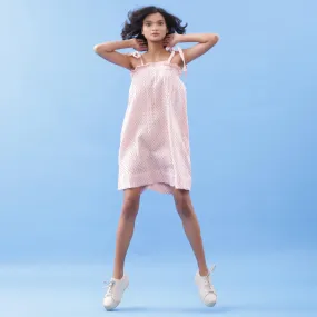 White Frilled Crinkled Cotton Knee Length A-Line Dress