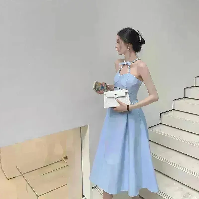 Women Evening Party Dress Diamond Halterneck Charming Sleeveless long Dress  for Elegant Chic ladies