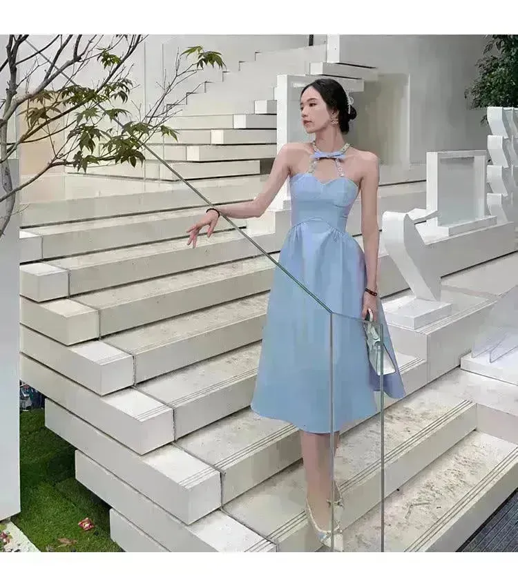 Women Evening Party Dress Diamond Halterneck Charming Sleeveless long Dress  for Elegant Chic ladies
