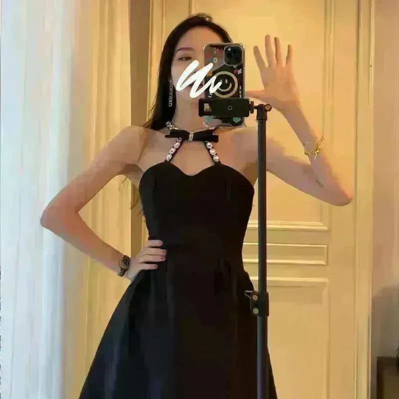Women Evening Party Dress Diamond Halterneck Charming Sleeveless long Dress  for Elegant Chic ladies