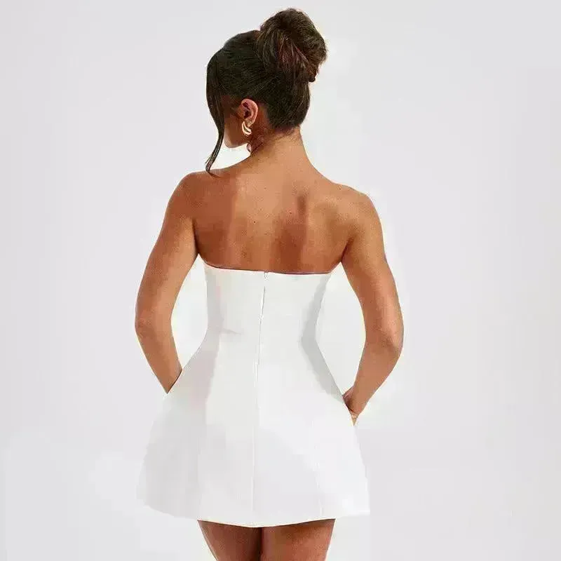 Women Fashion Tube Dress Summer Solid Color Backless Slim Short Party Dress