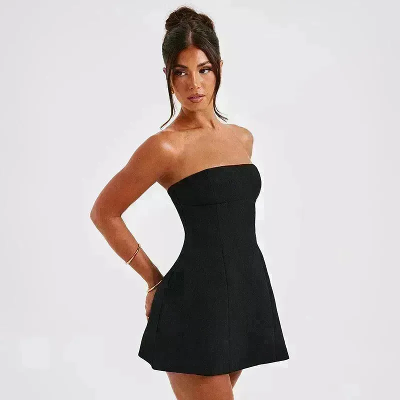 Women Fashion Tube Dress Summer Solid Color Backless Slim Short Party Dress